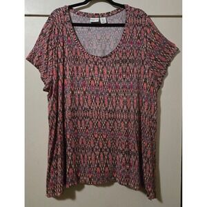 Rachel Zoe Women's 3X Pink Orange Ikat Print Scoop Neck Short Sleeve Swing Tee